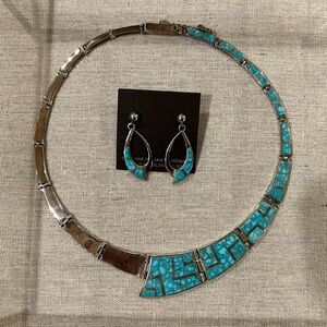 Silver and Turquoise set of necklace and earrings, genuine handcrafted artwork